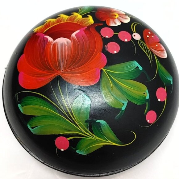 Black Wooden Russian Jewelry Folk Floral Box 80s Trinket Lidded Bowl handpainted - Picture 1 of 7